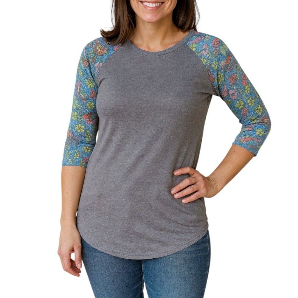 NWT LuLaRoe Randy 3/4 Sleeve Baseball T-Shirt Floral Birds Print | XS